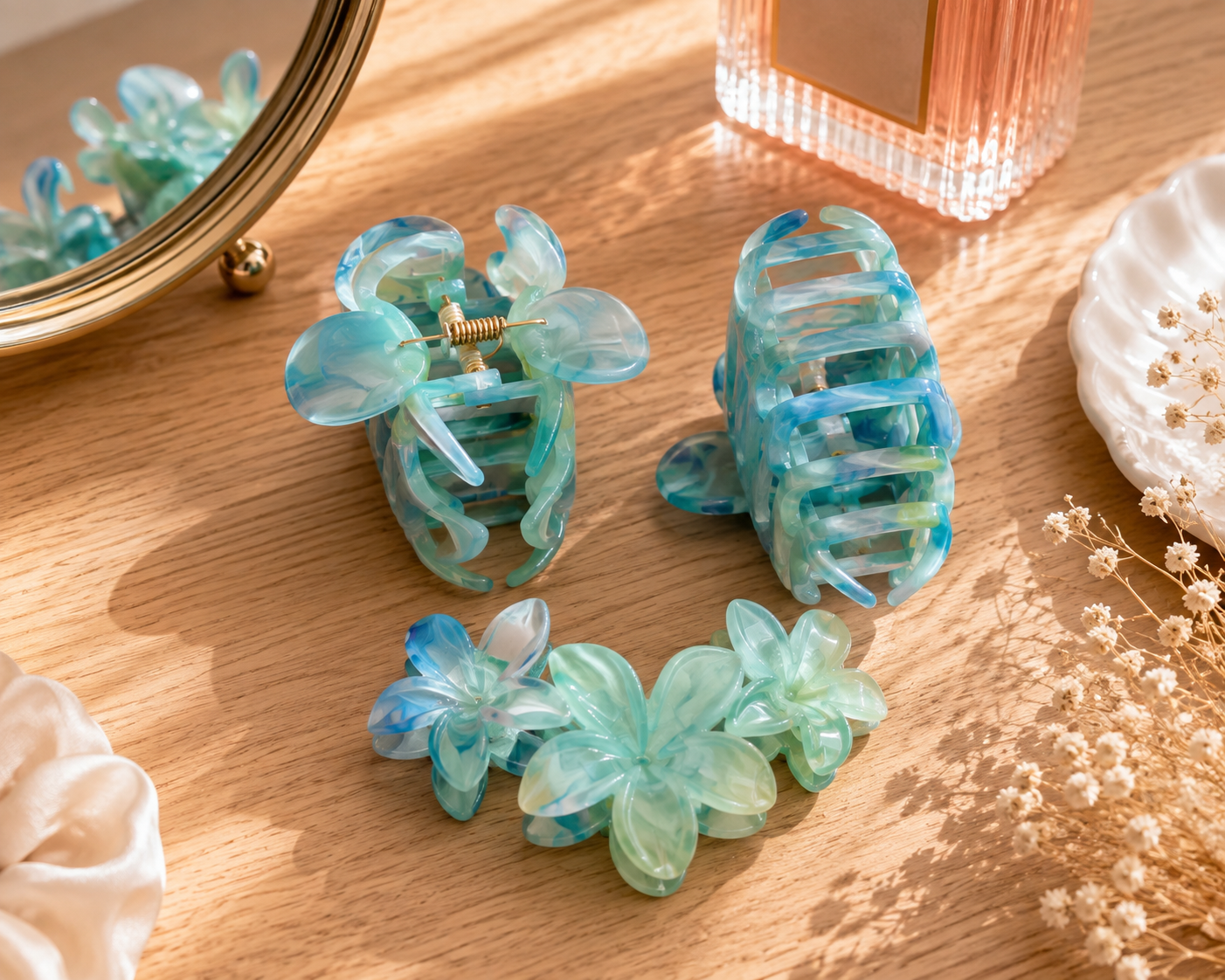 Pince fleur trio bleue marbré
